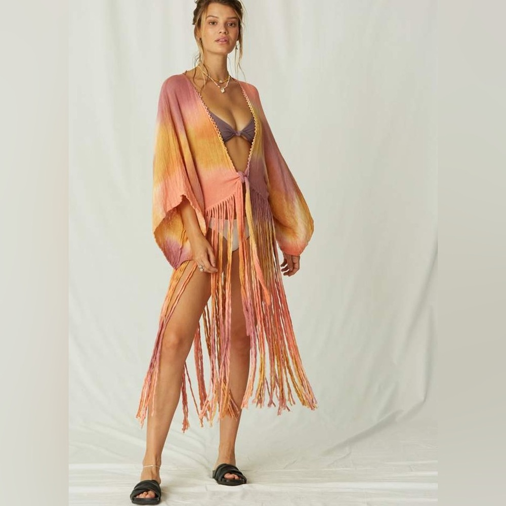 JENS PIRATE BOOTY *January River* cotton ombré tie dye fringe kimono top XS/S